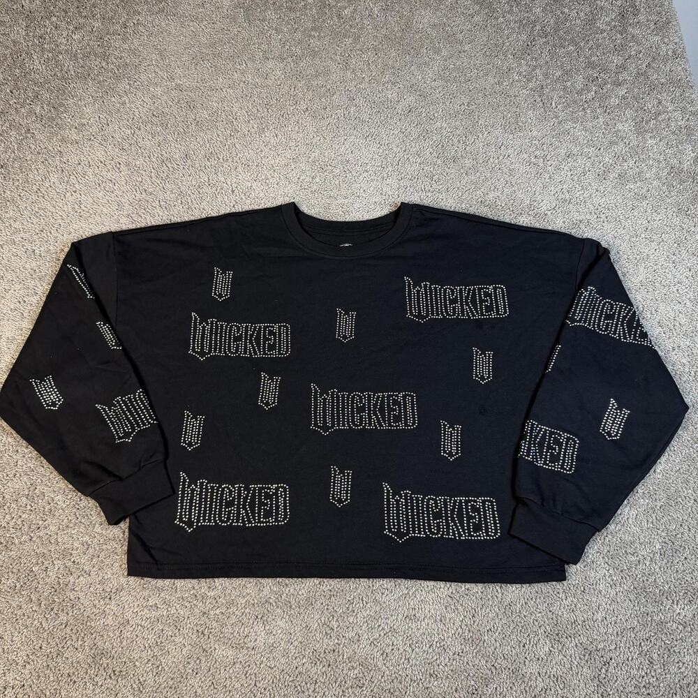 Wicked Sweatshirt Womens XL Black Cropped Pullover Rhinestone Graphics Tagless